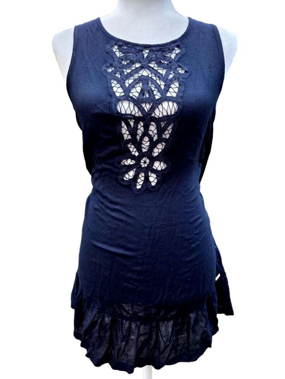 Roxy Black Crochet Cutout Lace Open Back Ruffle Hem Tunic Dress Y2K